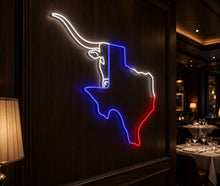 Load image into Gallery viewer, Texas map Neon Sign, Texas State Map neon sign, Neon Light Map, Texas Neon Signmap led light, Texas State Map, LED Neon Sign, longhorn bull sign

