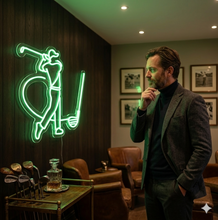 Load image into Gallery viewer, Golf Swing Neon Sign, golfer mid swing neon sign, golf stroke neon sign, fairway golfer neon sign
