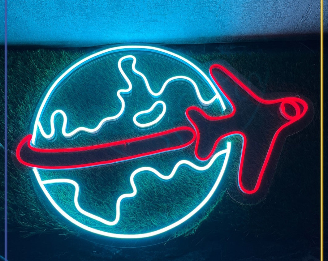Earth LED Neon Sign | Airplane Neon Sign | Travel Map Neon Light | World Map Neon Sign