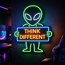 Load image into Gallery viewer, Alien think different neon sign, extraterrestrial holding sign neon sign
