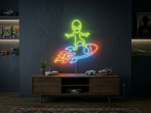 Load image into Gallery viewer, Alien surfing rocket neon sign, Space surfer neon sign, Rocket surfer neon sign
