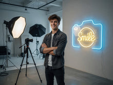 Load image into Gallery viewer, Smile Neon Sign, Camera Neon Sign, Photo Booth Neon Sign
