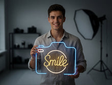 Load image into Gallery viewer, Smile Neon Sign, Camera Neon Sign, Photo Booth Neon Sign
