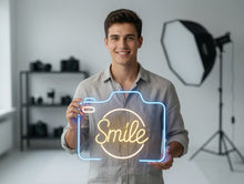 Load image into Gallery viewer, Smile Neon Sign, Camera Neon Sign, Photo Booth Neon Sign
