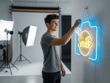 Load image into Gallery viewer, Smile Neon Sign, Camera Neon Sign, Photo Booth Neon Sign
