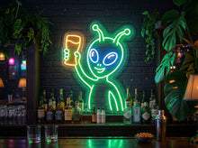 Load image into Gallery viewer, Alien with glass neon sign, Drinking alien neon sign, Space drink neon sign Multicolor
