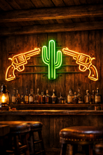 Load image into Gallery viewer, Crossed Revolvers Cactus Neon Sign, western guns neon sign, cowboy revolver neon sign, desert cactus neon sign
