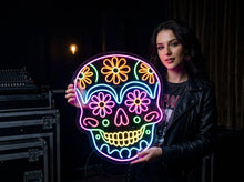 Load image into Gallery viewer, Sugar Skull Neon Sign, Floral Skull Neon Sign, Daisy Calavera Neon Sign Multicolor
