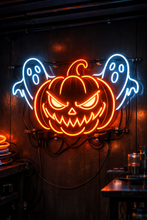 Load image into Gallery viewer, Evil pumpkin ghosts neon sign, Spooky jack o lantern neon sign, Ghost neon sign Orange
