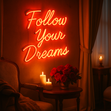 Load image into Gallery viewer, Follow your dreams Neon Sign – Boho Spiritual Neon Light for Bedroom, Dorm or Bohemian Wall Decor (Copy)
