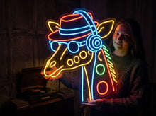 Load image into Gallery viewer, Giraffe with Headphones Neon Sign, Hat and glasses neon sign, DJ giraffe neon sign
