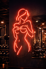 Load image into Gallery viewer, Girl covering chest neon sign, nude silhouette neon sign, pin up neon sign
