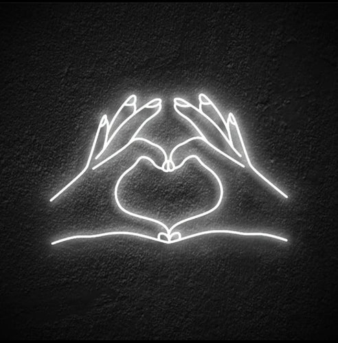 Hands with heart neon sign, Finger with heart neon light, Fingers with heart neon light, Heart neon sign