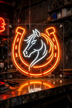 Load image into Gallery viewer, Horse head horseshoe neon sign, Lucky horseshoe neon sign, Equestrian neon sign
