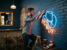 Load image into Gallery viewer, Howdy neon sign, cowboy hat sign, western led sign, North American greeting neon light, cowboy party decor led light
