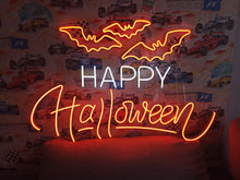 Load image into Gallery viewer, Happy Halloween neon sign, Haunted house neon decor, Unique Halloween neon sign, Orange neon pumpkin light, Neon Halloween decorations
