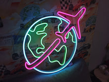 Load image into Gallery viewer, Travel neon sign, planet earth neon sign, airplane neon sign
