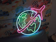 Load image into Gallery viewer, Travel neon sign, planet earth neon sign, airplane neon sign

