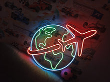 Load image into Gallery viewer, Travel neon sign, planet earth neon sign, airplane neon sign
