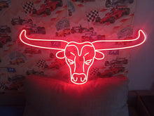 Load image into Gallery viewer, Bull neon sign, longhorn bull neon sign, head bull neon sign, cow head neon sign, western themed neon sign, cowboy neon sign, rodeo neonsign
