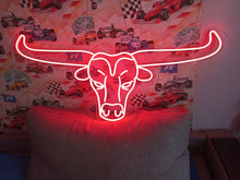 Load image into Gallery viewer, Bull neon sign, longhorn bull neon sign, head bull neon sign, cow head neon sign, western themed neon sign, cowboy neon sign, rodeo neonsign
