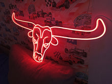 Load image into Gallery viewer, Bull neon sign, longhorn bull neon sign, head bull neon sign, cow head neon sign, western themed neon sign, cowboy neon sign, rodeo neonsign
