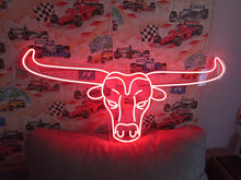 Load image into Gallery viewer, Bull neon sign, longhorn bull neon sign, head bull neon sign, cow head neon sign, western themed neon sign, cowboy neon sign, rodeo neonsign
