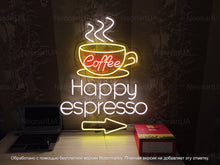Load image into Gallery viewer, Coffee neon sign, Happy espresso neon sign, Espresso lover&#39;s neon sign, Charming coffee cup neon, Cafeteria neon wall decor, Coffee cafeneon
