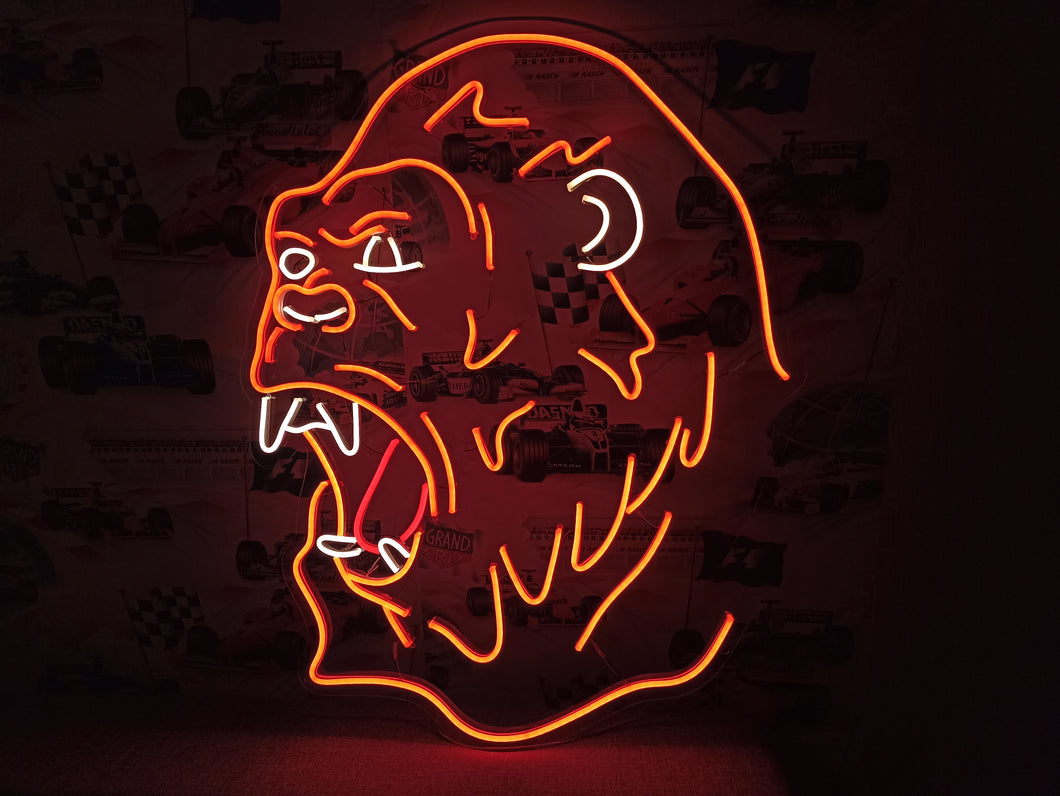 Neon gorilla sign, Gorilla face neon light, Open mouth gorilla neon, Neon sign with gorilla, Monkey face with open mouth neon light