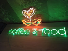 Load image into Gallery viewer, Coffee and food inscription with coffee cup neon sign, coffee lover neon sign, coffee bar neon sign, street food neon sign, custom neon sign
