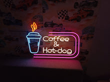 Load image into Gallery viewer, Neon sign coffee cup with inscription coffee and hot-dog, fast food neon sign, neon sign for bar decor, coffee neon sign, neon sign business
