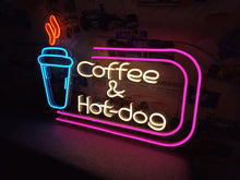Load image into Gallery viewer, Neon sign coffee cup with inscription coffee and hot-dog, fast food neon sign, neon sign for bar decor, coffee neon sign, neon sign business
