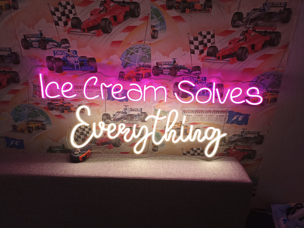 Neon sign Ice Cream Solves Everything, Neon sign with ice cream cone, Custom neon sign for ice cream shop, Colorful ice cream shop display
