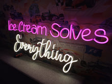 Load image into Gallery viewer, Neon sign Ice Cream Solves Everything, Neon sign with ice cream cone, Custom neon sign for ice cream shop, Colorful ice cream shop display
