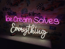 Load image into Gallery viewer, Neon sign Ice Cream Solves Everything, Neon sign with ice cream cone, Custom neon sign for ice cream shop, Colorful ice cream shop display
