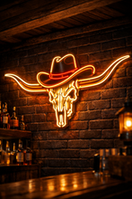 Load image into Gallery viewer, Longhorn skull hat neon sign, Steer skull neon sign, Bull skull neon sign
