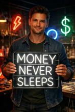Load image into Gallery viewer, Money never sleeps neon sign, Hustle neon sign, Finance neon sign

