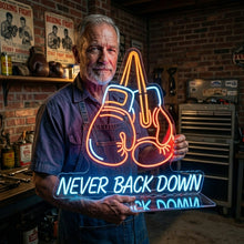 Load image into Gallery viewer, Boxing Gloves Neon Sign, Never Back Down Neon Sign, Boxing Quote Neon Sign
