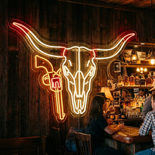 Load image into Gallery viewer, Bull Skull Revolver Neon Sign, Cowboy skull gun neon sign
