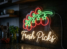 Load image into Gallery viewer, Cherry tomato neon sign Fresh Picks, tomato vine neon sign, ripe tomato neon sign
