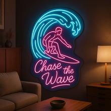Load image into Gallery viewer, Chase The Wave Surfer neon sign, Surfing Wave neon sign, Surfer Silhouette neon sign
