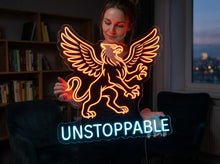 Load image into Gallery viewer, Unstoppable Griffin neon sign, Mythical Eagle Lion neon sign, Beast Quote neon sign
