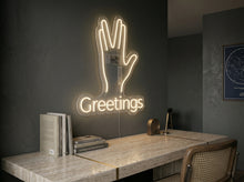 Load image into Gallery viewer, Greetings neon sign, Vulcan salute neon sign, Split finger hand neon sign
