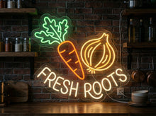 Load image into Gallery viewer, Fresh Roots neon sign, Onion and carrot neon sign, Root vegetable neon sign warm white
