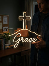 Load image into Gallery viewer, Grace cross neon sign, Mountain cross neon sign, Christian faith neon sign
