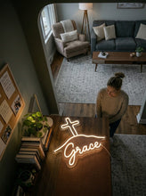 Load image into Gallery viewer, Grace cross neon sign, Mountain cross neon sign, Christian faith neon sign
