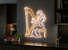 Load image into Gallery viewer, Harpist neon sign, Girl playing harp neon sign, Musical harp neon sign warm white

