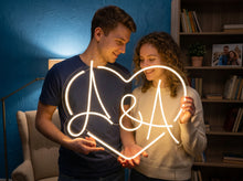 Load image into Gallery viewer, Custom heart initials wedding neon sign - LED neon sign, wedding neon sign white
