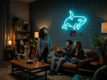 Load image into Gallery viewer, Neon whale sign, Whale shaped neon sign, Neon sign in the shape of a whale, Whale neon light, Neon whale decoration, Whale themed neon sign
