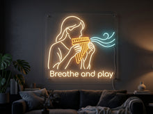 Load image into Gallery viewer, Breathe and play neon sign, Girl pan flute neon sign, Pan flute player neon sign
